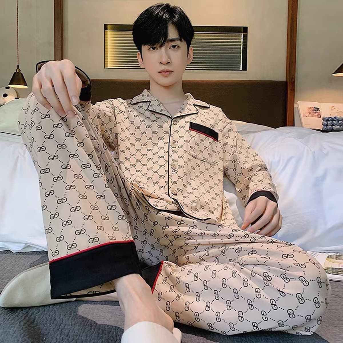 Высококачественная хлопчатобумажная пижама мужская весна и осень с длинными рукавами