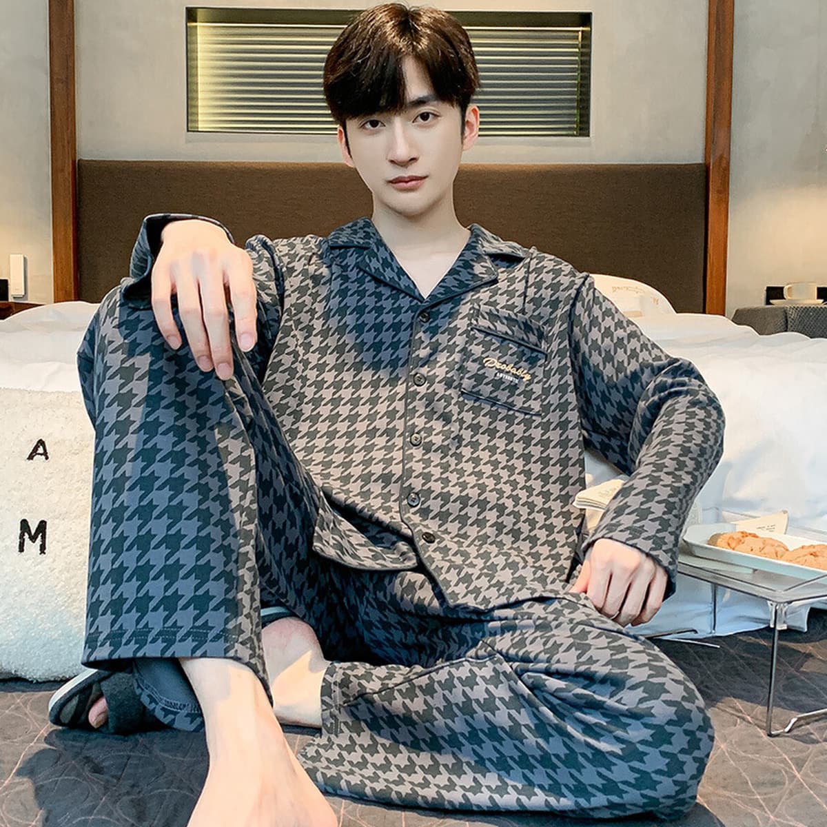 Высококачественная хлопчатобумажная пижама мужская весна и осень с длинными рукавами