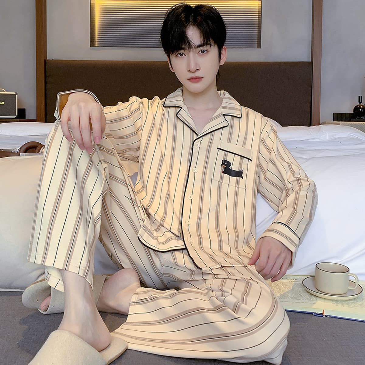 Высококачественная хлопчатобумажная пижама мужская весна и осень с длинными рукавами