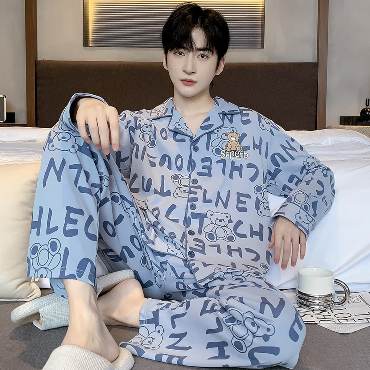 Высококачественная хлопчатобумажная пижама мужская весна и осень с длинными рукавами