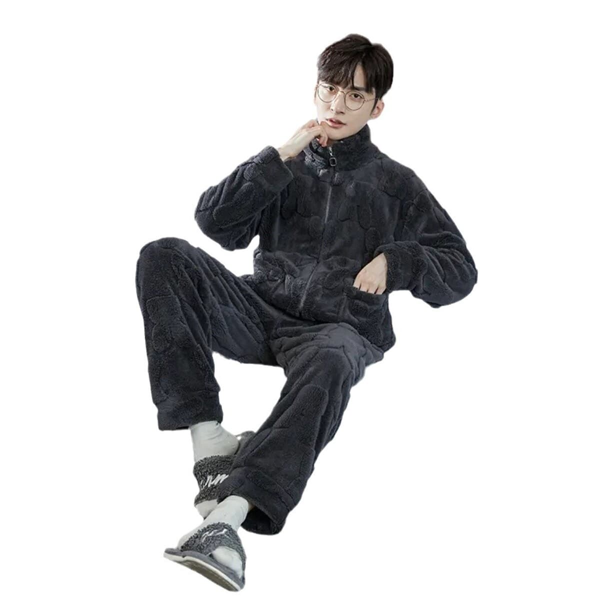 Мужская пижама коралловый бархат осенняя зима утолщение молнии плюс бархат с длинными рукавами теплая фланелевая домашняя...