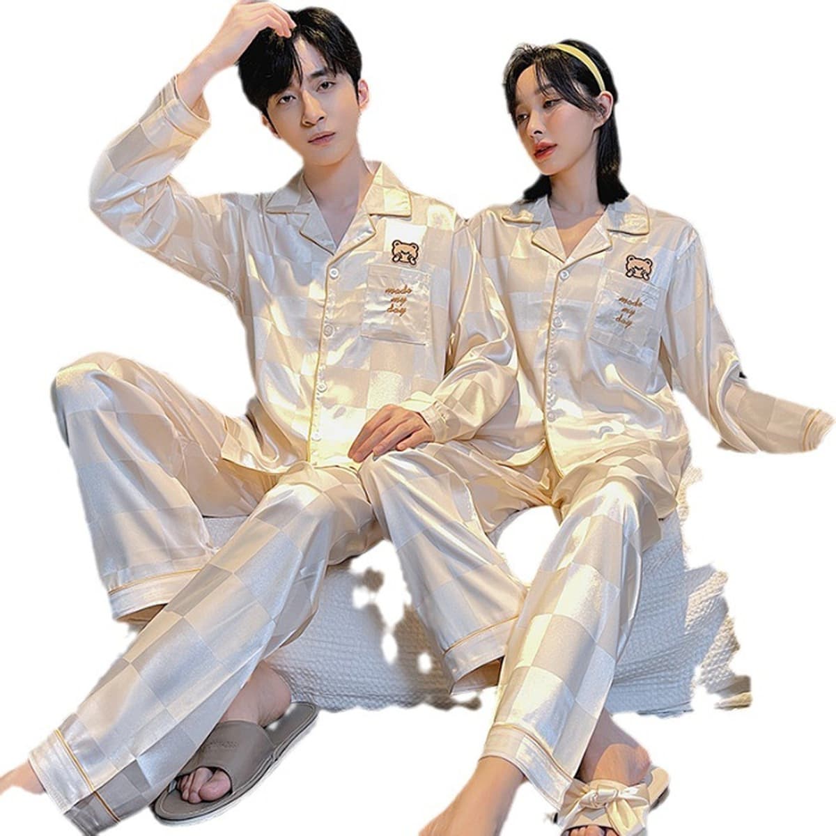 Пижамы для пар, весна и осень, ледяной шелк, Мужская и Женская Летняя шелковая тонкая английская домашняя одежда в стиле...
