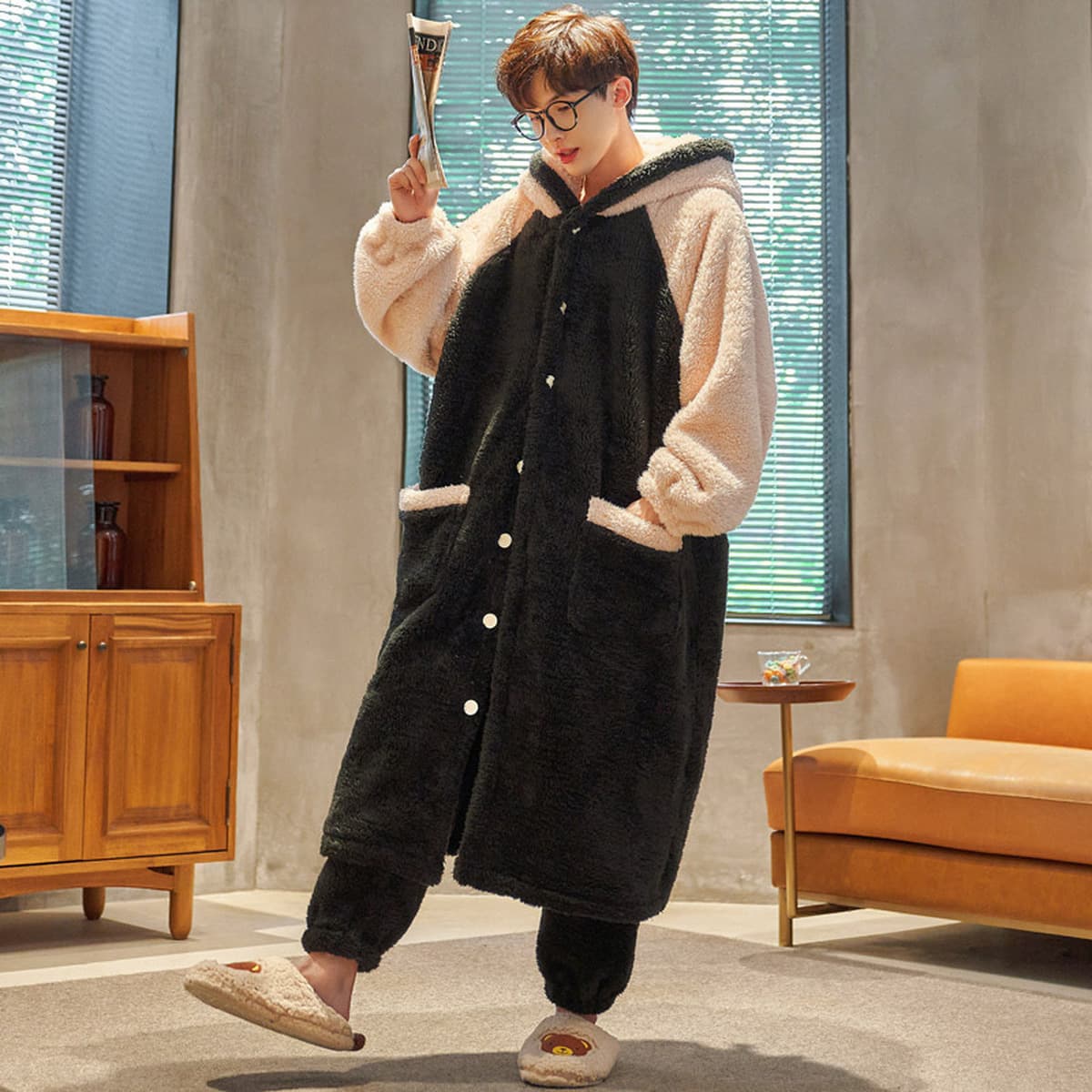 Caini Love Пижама женская зимняя Коралловая флисовая утолщенная длинная фланелевая ночная рубашка с капюшоном мужская парная...