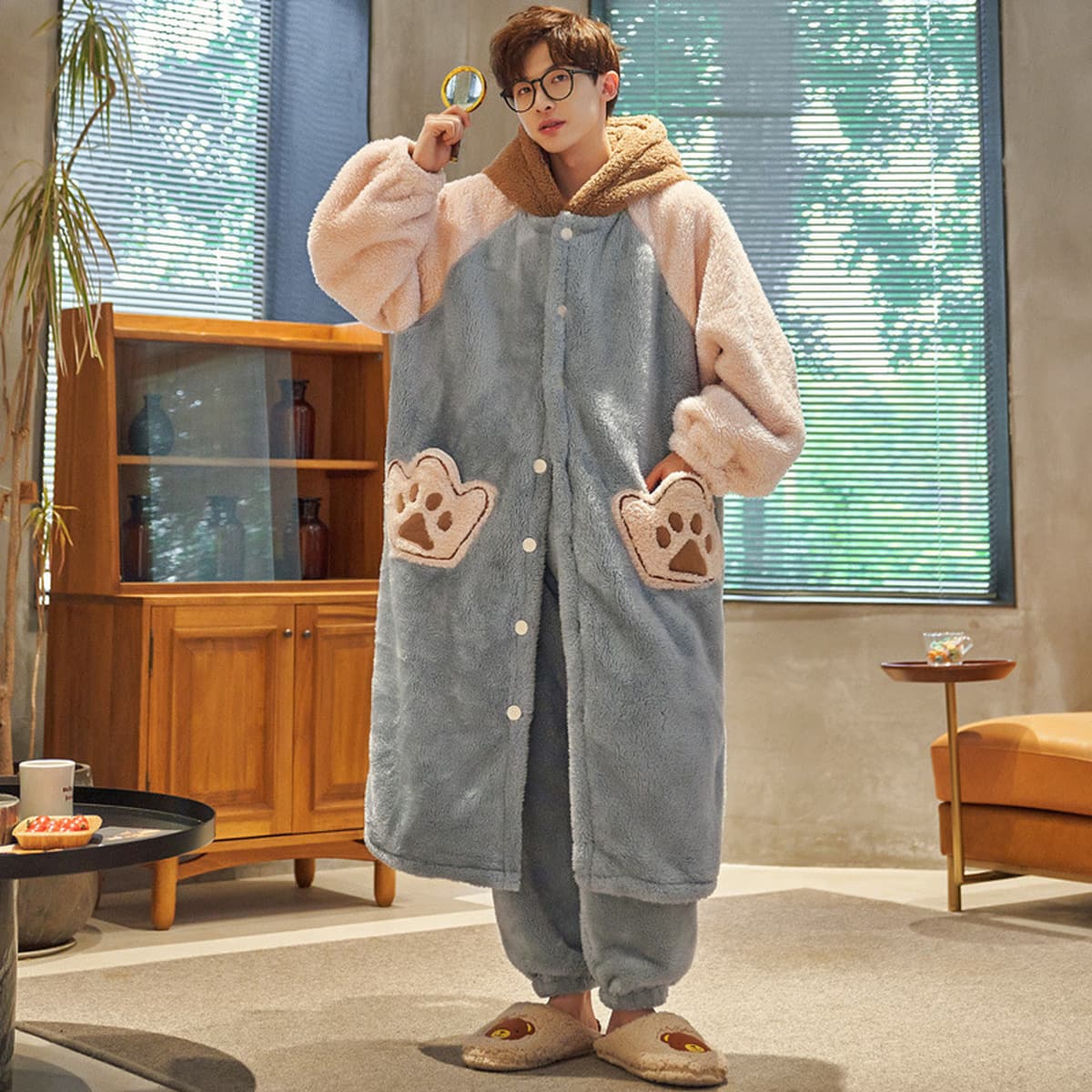 Caini Love Пижама женская зимняя Коралловая флисовая утолщенная длинная фланелевая ночная рубашка с капюшоном мужская парная...