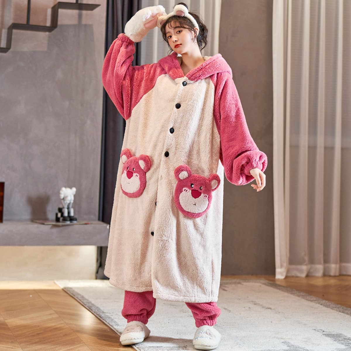 Caini Love Пижама женская зимняя Коралловая флисовая утолщенная длинная фланелевая ночная рубашка с капюшоном мужская парная...