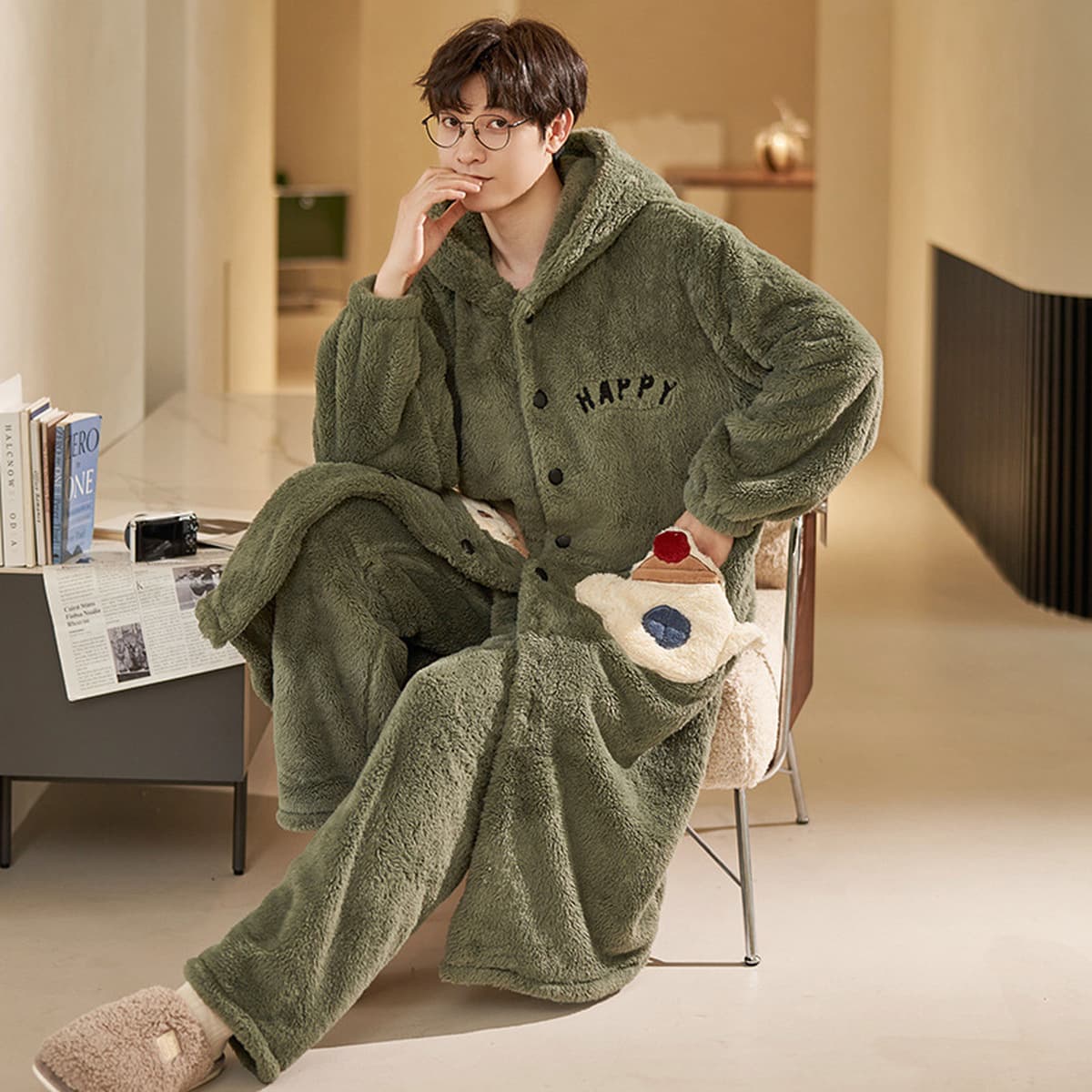 Caini Love Пижама женская зимняя Коралловая флисовая утолщенная длинная фланелевая ночная рубашка с капюшоном мужская парная...