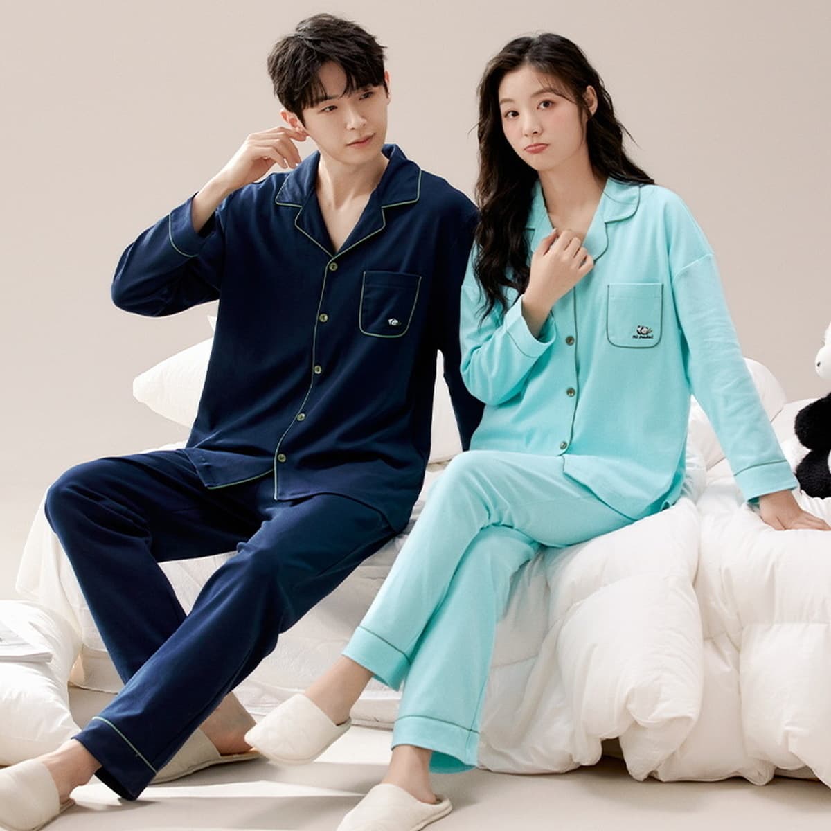 Пара пижам Весна и осень брюки с длинными рукавами кардиган Пижама женская Хлопковая мужская Высококачественная Домашняя...