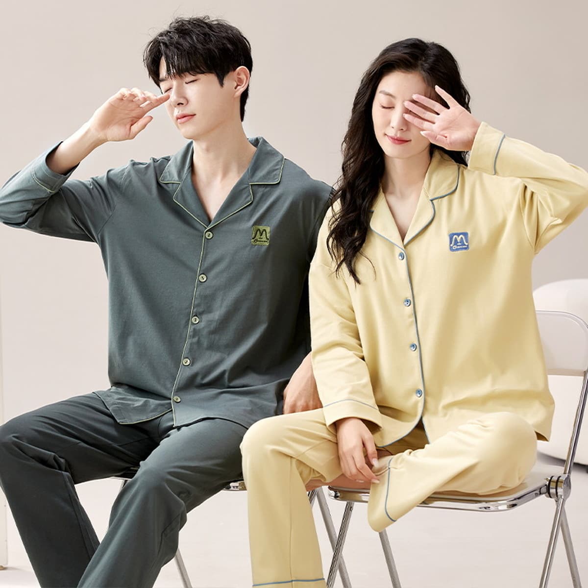 Пара пижам Весна и осень брюки с длинными рукавами кардиган Пижама женская Хлопковая мужская Высококачественная Домашняя...