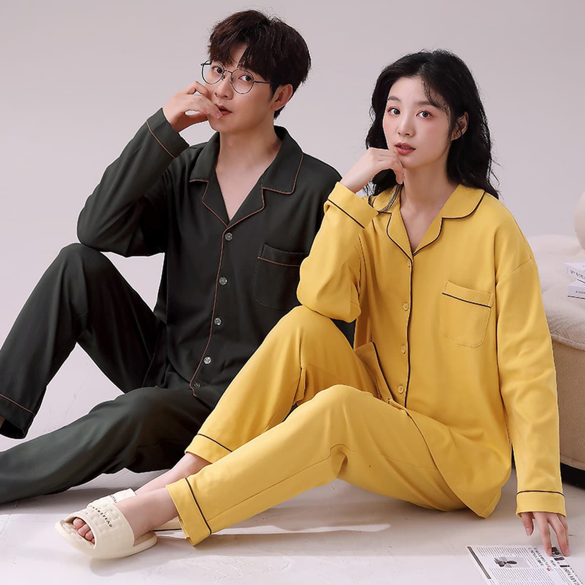 Пара пижам Весна и осень брюки с длинными рукавами кардиган Пижама женская Хлопковая мужская Высококачественная Домашняя...