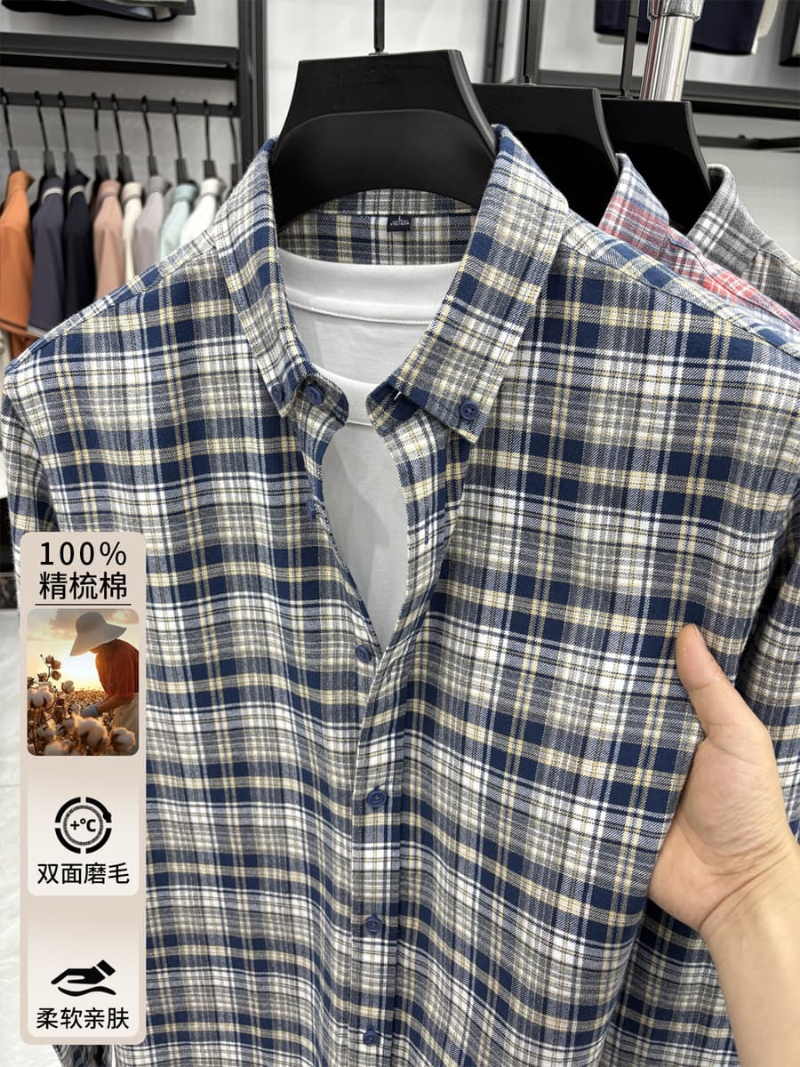 Новая осенне-зимняя мужская рубашка из чистого хлопка с начесом в клетку, синяя клетчатая, высококачественная повседневная...
