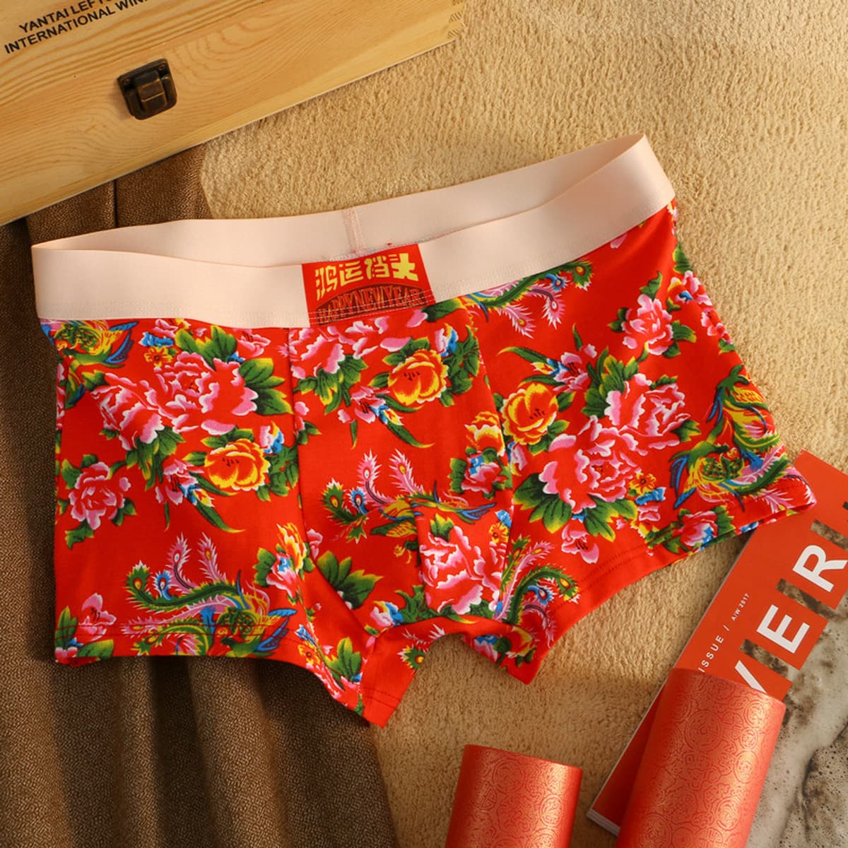 Мужские трусы-боксеры из чистого хлопка с крупным цветочным принтом в восточно-северном стиле, дышащие, комфортные,...