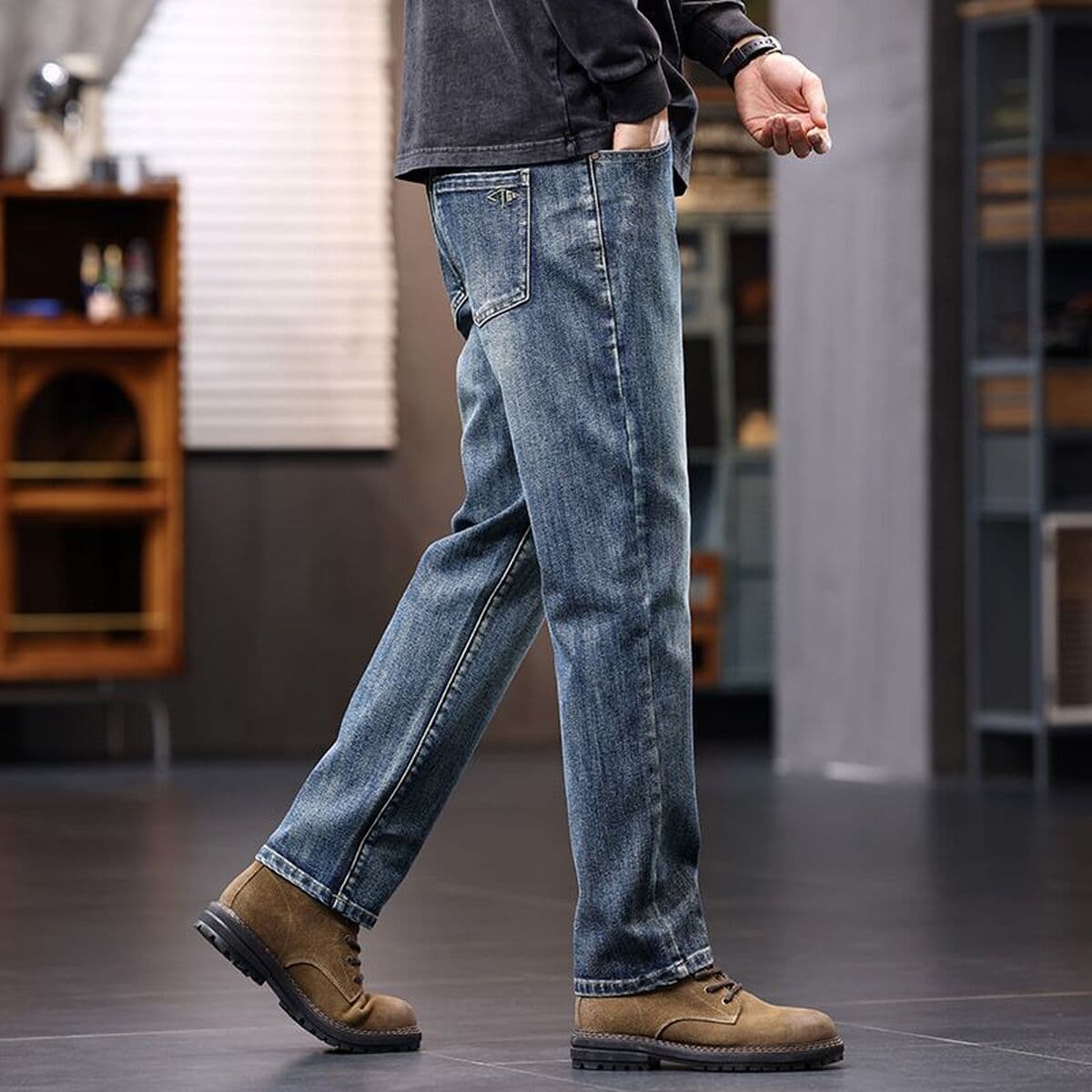 Удлиненные мужские джинсы для осени и зимы, плотные прямые свободные эластичные модные трендовые высококачественные мужские...
