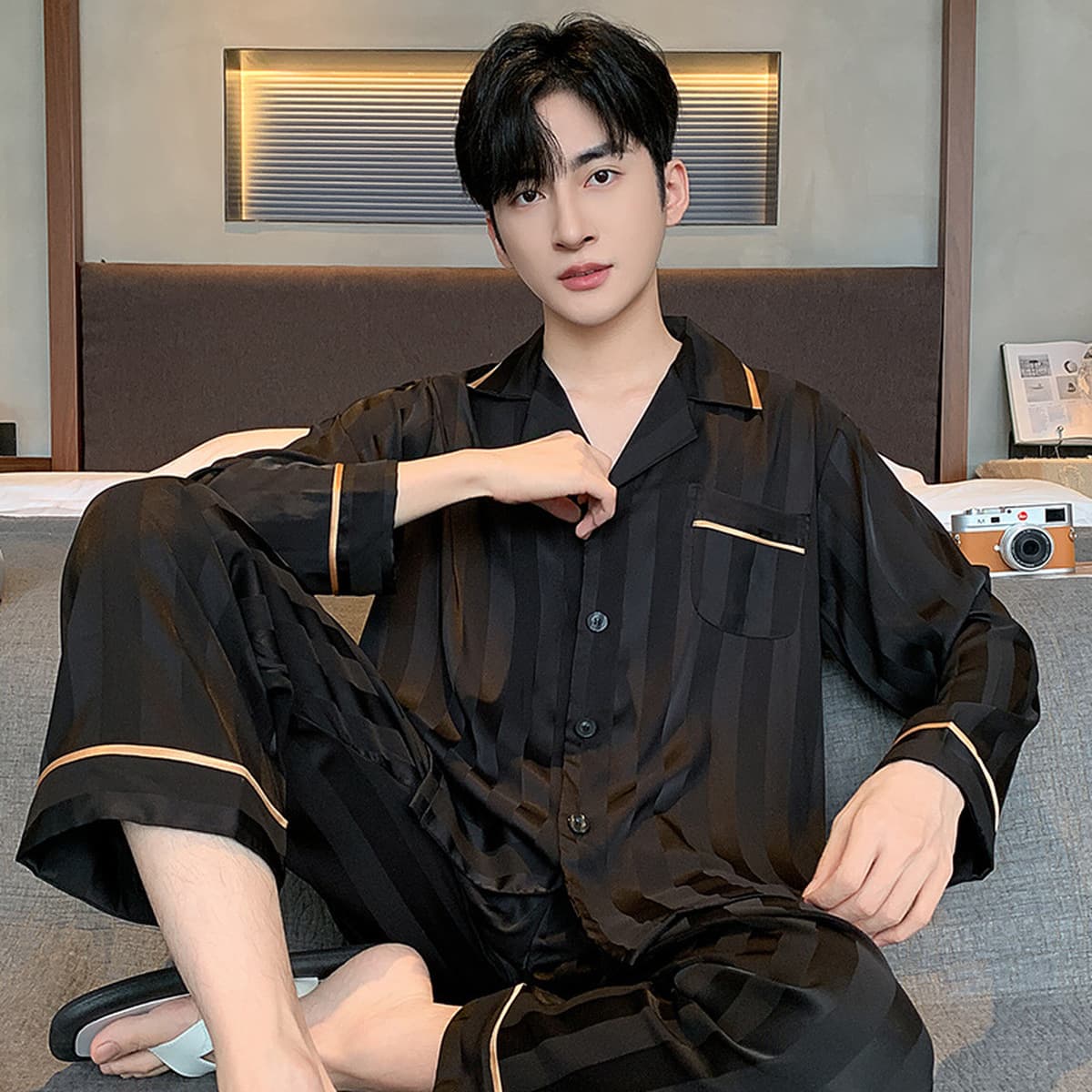 Мужской пижамный комплект из ледяного шелка с длинными рукавами, новинка 2026 года, весна-осень, большие размеры, свободный...