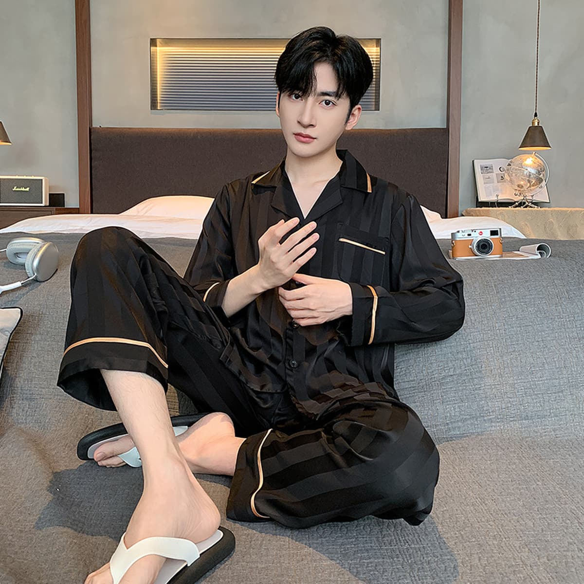 Мужской пижамный комплект из ледяного шелка с длинными рукавами, новинка 2026 года, весна-осень, большие размеры, свободный...