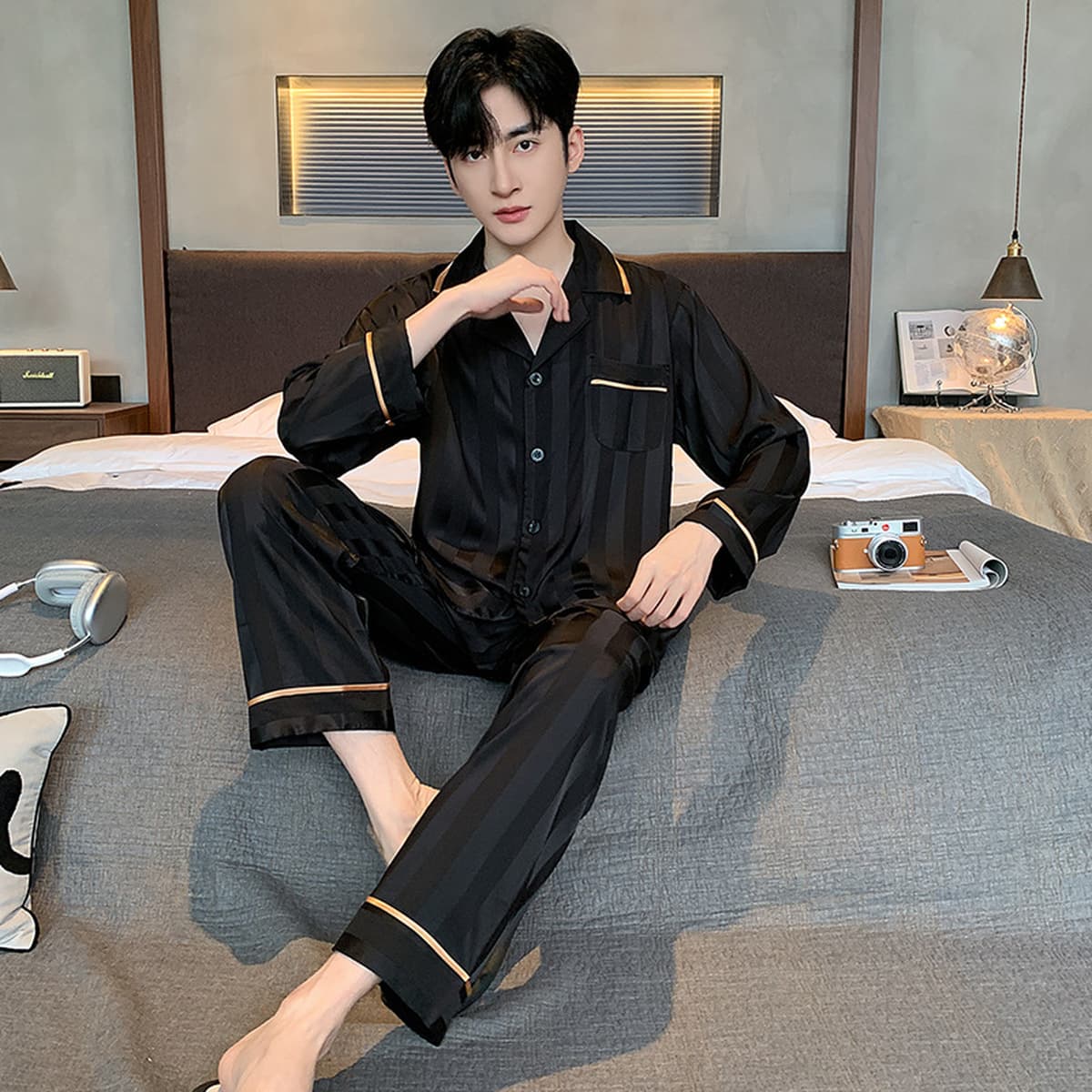 Мужской пижамный комплект из ледяного шелка с длинными рукавами, новинка 2026 года, весна-осень, большие размеры, свободный...