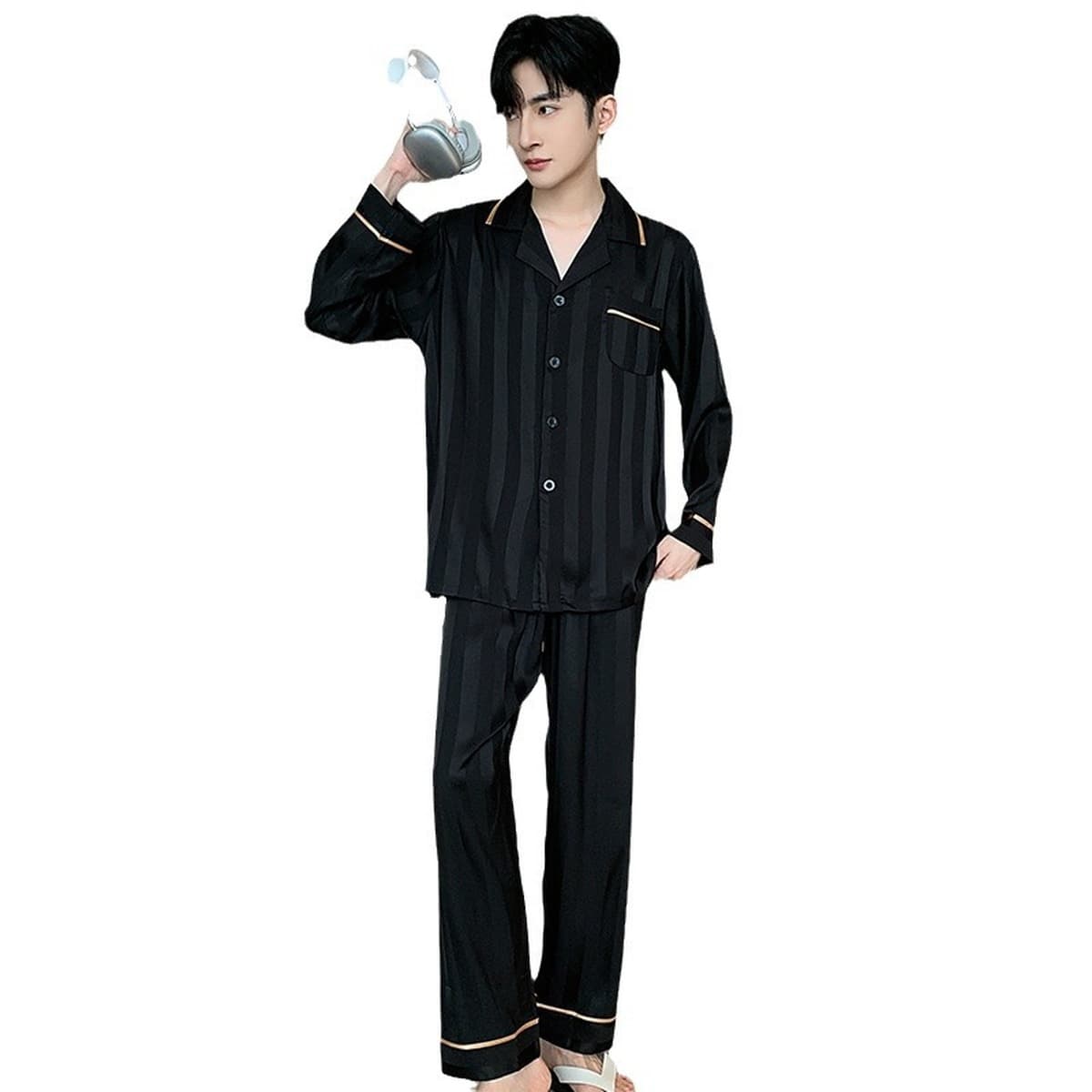 Мужской пижамный комплект из ледяного шелка с длинными рукавами, новинка 2026 года, весна-осень, большие размеры, свободный...