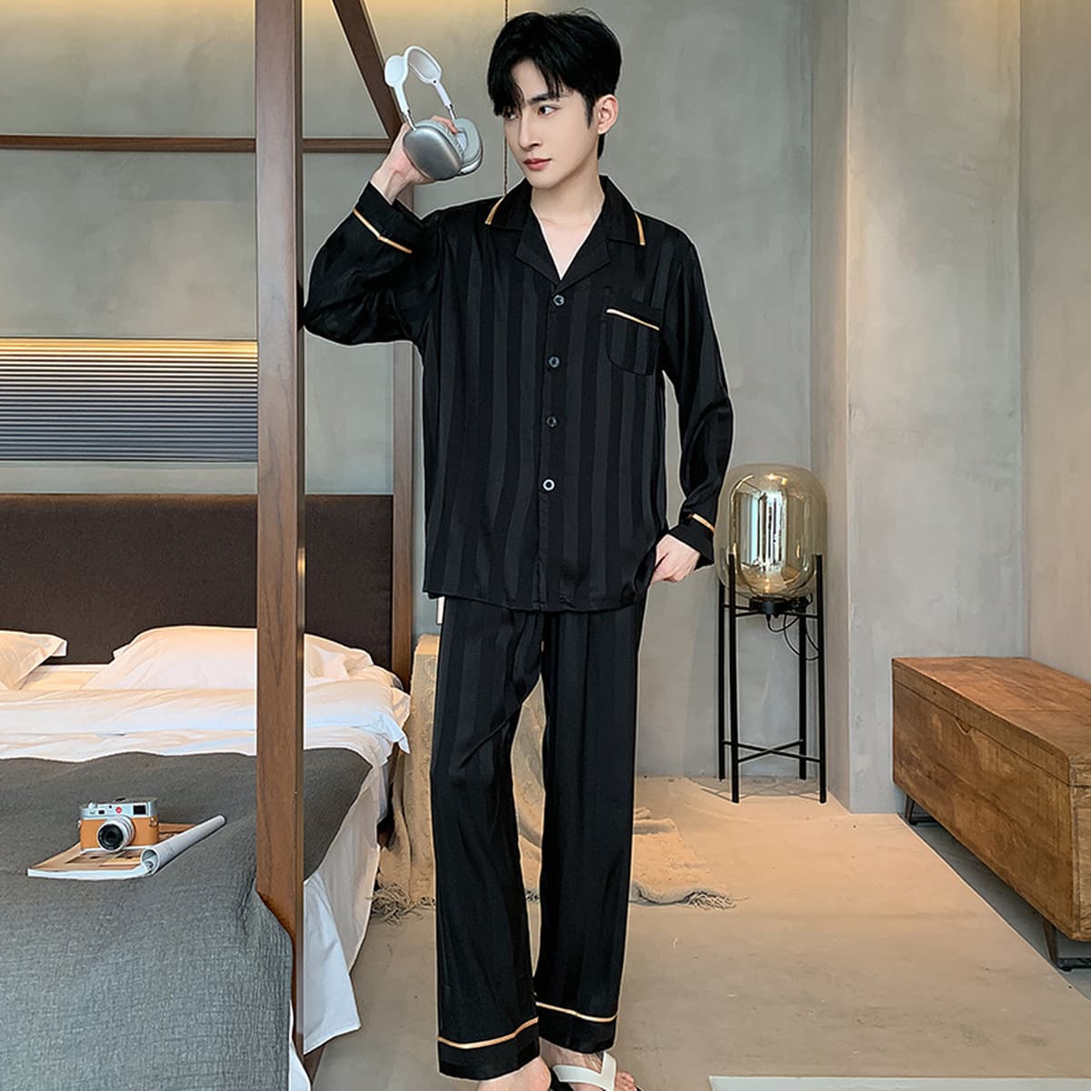 Мужской пижамный комплект из ледяного шелка с длинными рукавами, новинка 2026 года, весна-осень, большие размеры, свободный...