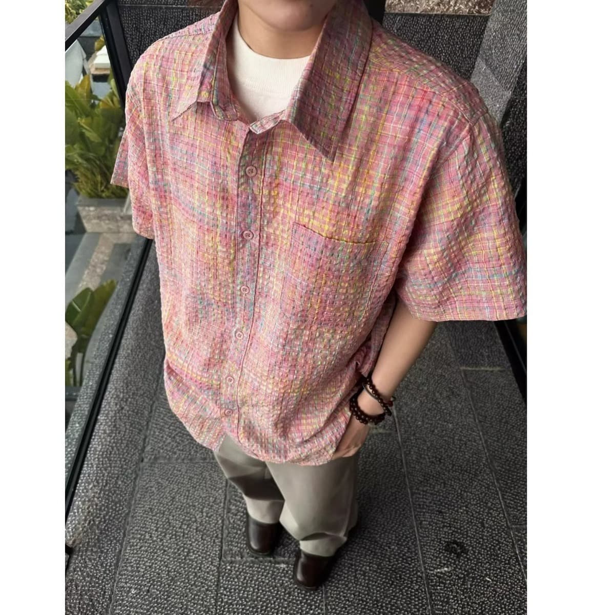 Летняя розовая рубашка из жатого хлопка с короткими рукавами для мальчиков, высококачественная мальчишеская рубашка для...