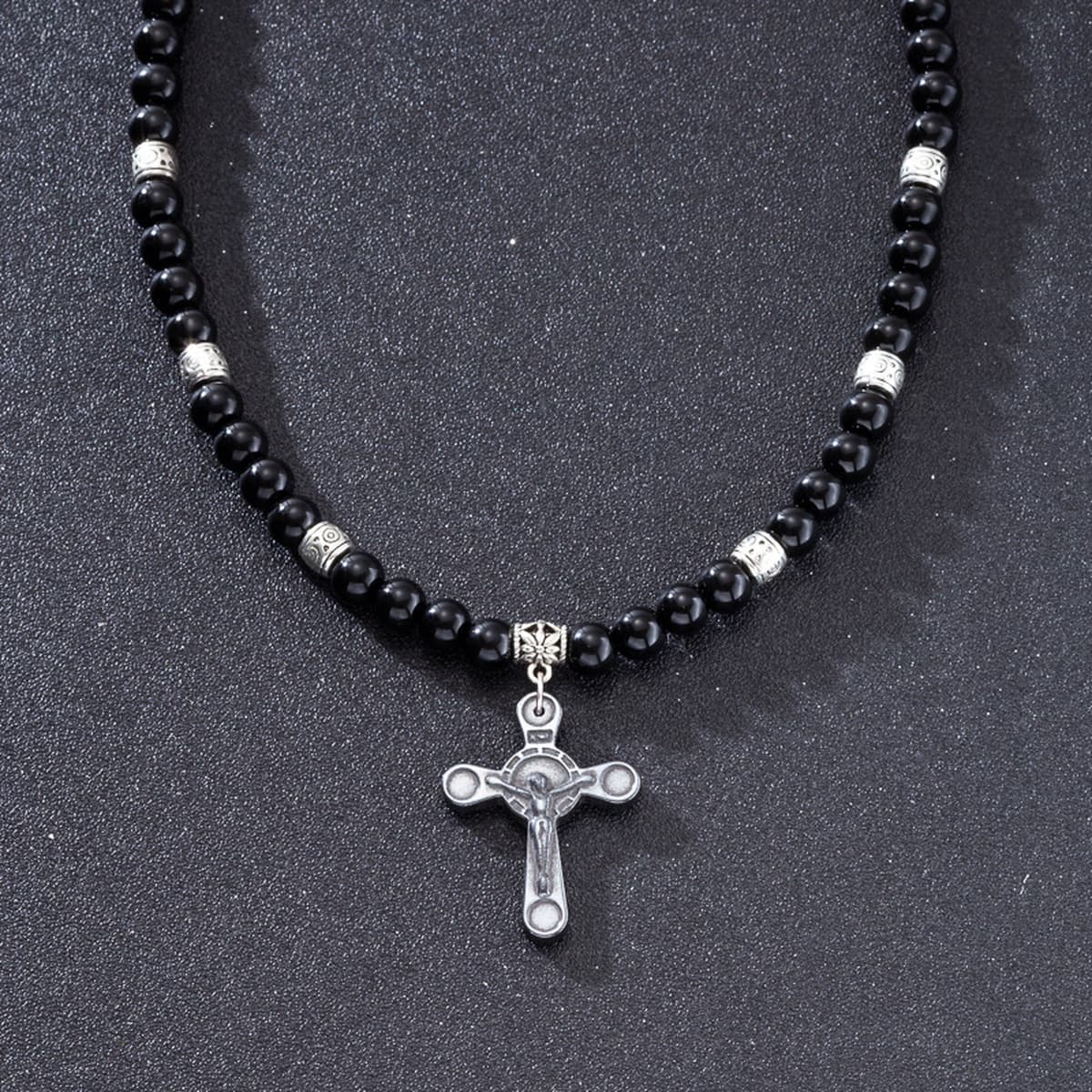 Ювелирные изделия для внешней торговли Amazon, мужские черные бусины, круглые бусины 8 мм, ожерелье с крестом, религиозная...