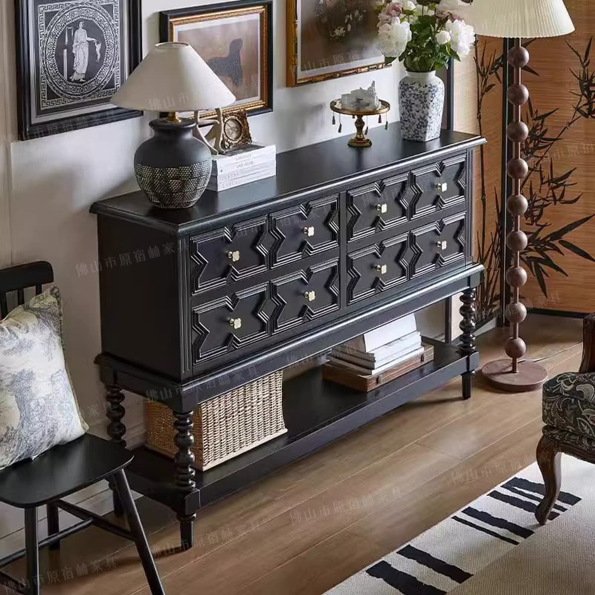 Шкаф для прихожей в французском/американском стиле, черный, из массива дерева, настенный, с ящиками, для гостиной