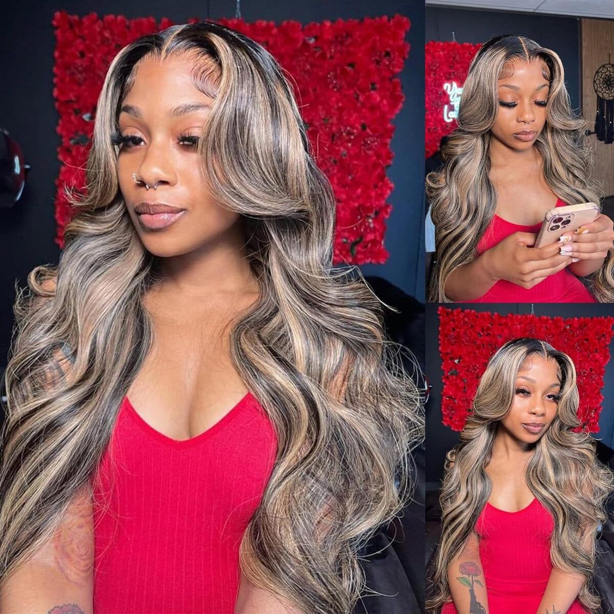 Трансграничный парик Европейский и американский женский передний парик на шнурке Коричневый смешанный цвет средней длины...