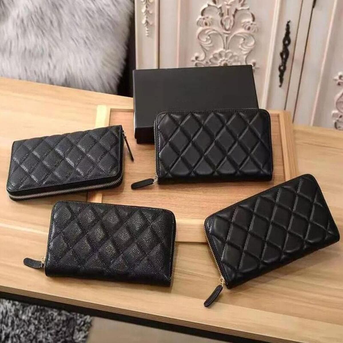 Кошелек Chanel женский стеганый, длинный, цвет «кавайар», на молнии, с отделениями для визиток и кредитных карт, из овчины с...