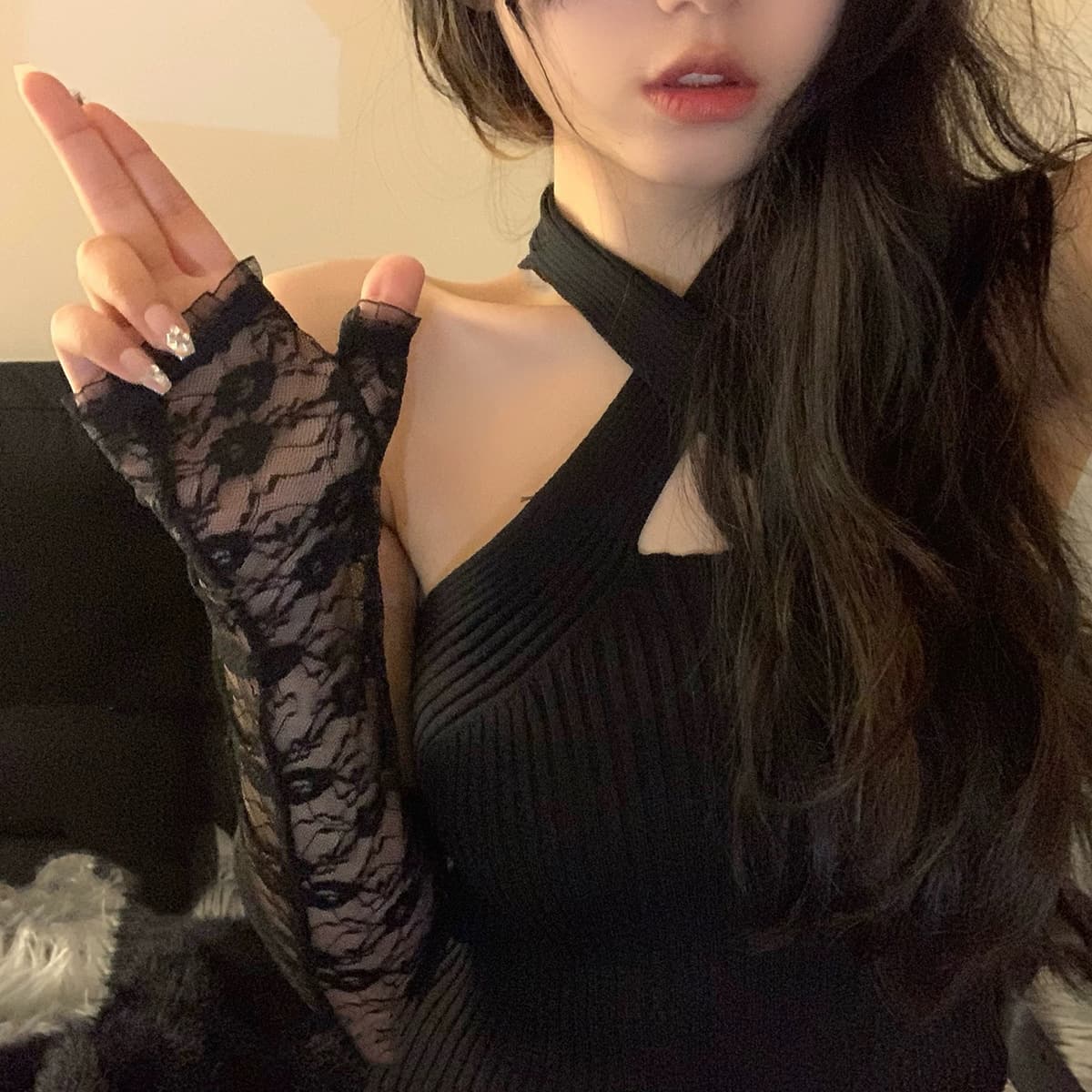 Французские ретро-перчатки из кружева, кружевной головной убор, сетчатые реквизиты для фотосессий, без пальцев, сексуальные,...