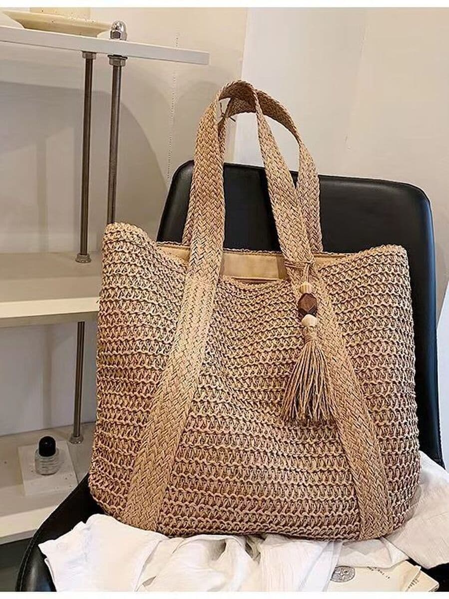 В наличии Новая стильная тканая одноцветная тканая сумка Модная сумка через плечо из бумажной веревки из соломы Персиковая...