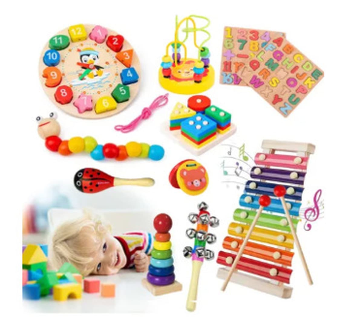 Развивающие Игрушки для раннего развития, детские деревянные детские маленькие бусины, восьмицветное пианино, будильник,...