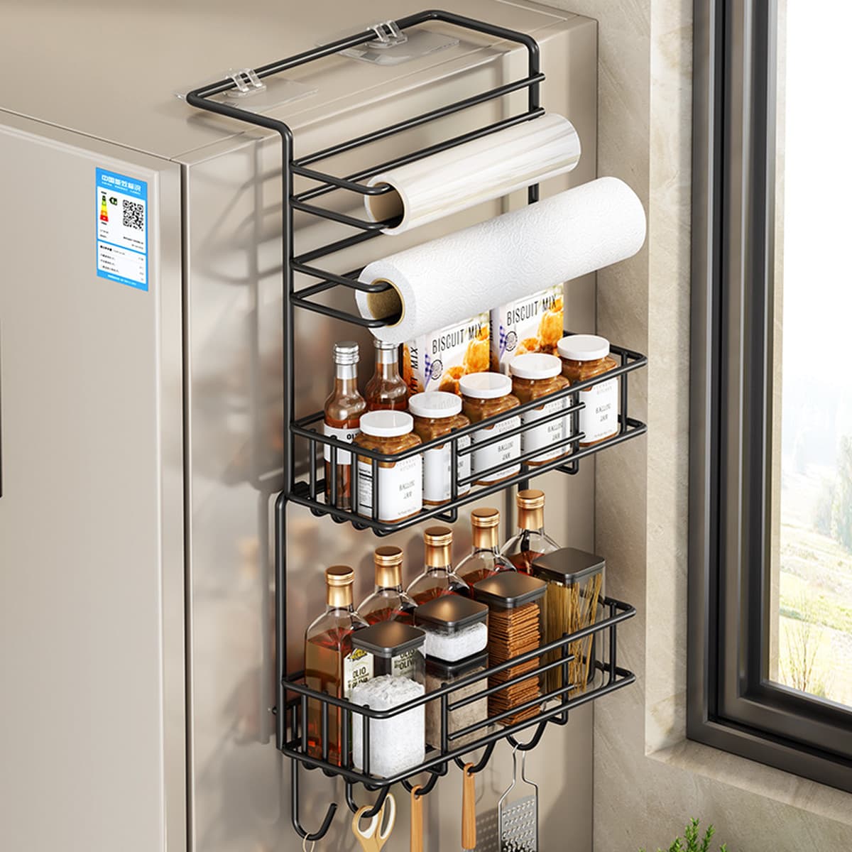 Полка для холодильника Многофункциональная боковая вешалка для кухонных бумажных полотенец для хранения полиэтиленовой сумки...