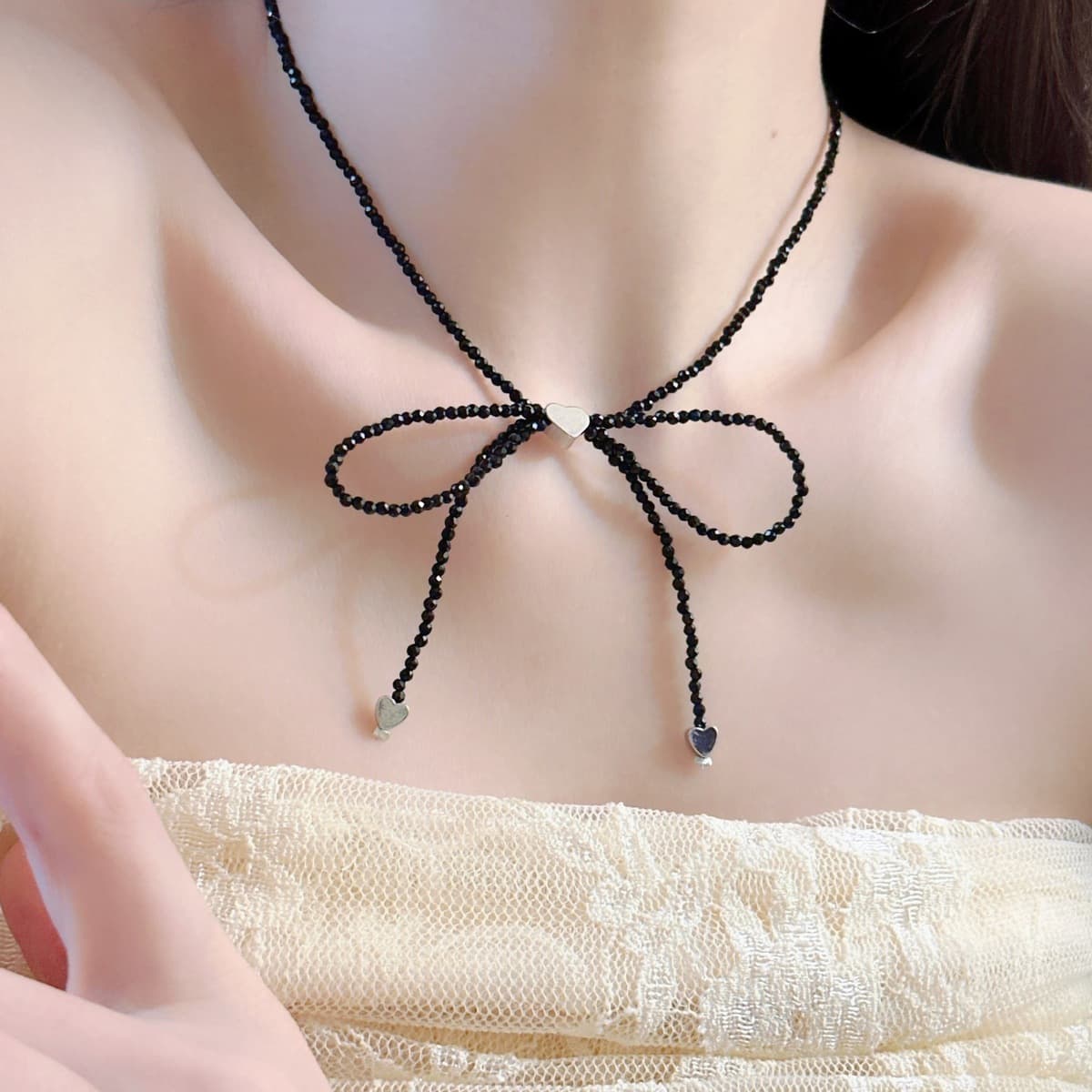 Розовая черная цепочка ключицы из бисера любовь жемчужная шнуровка бант ниша дизайн темперамент ожерелье женский чокер