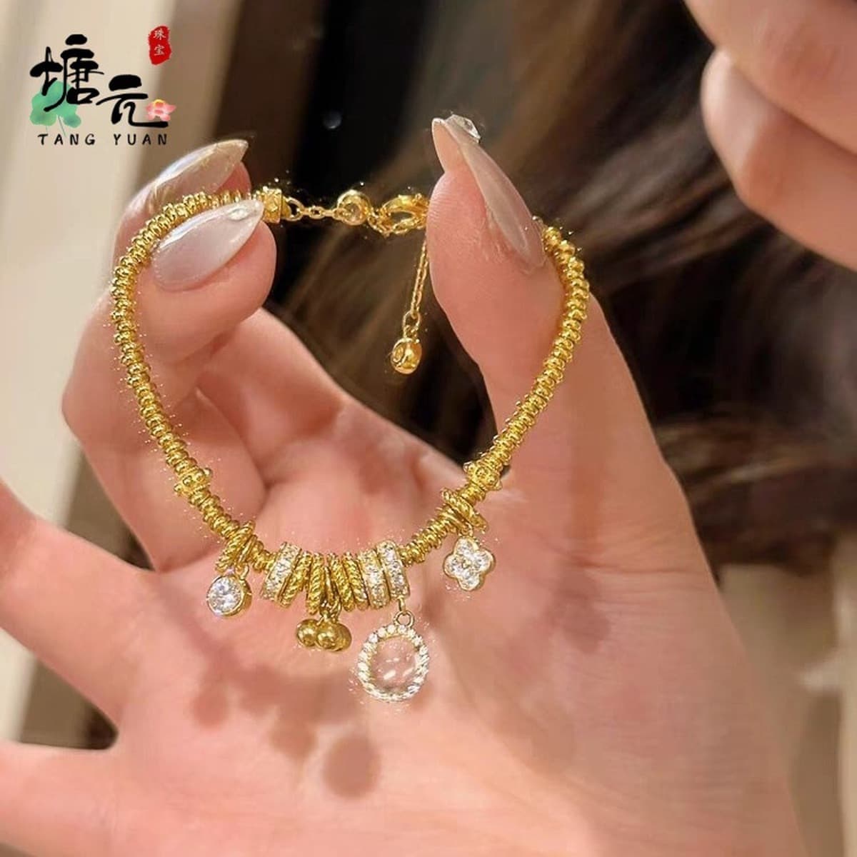 Популярный женский браслет Xiaohongshu из прозрачного стекла золотого цвета с кольцом для бега, новые бусины-абакус с...