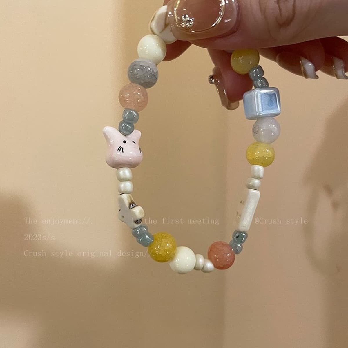 Керамический браслет из бисера с кроликом миндального цвета для женщин, летний нишевый дизайн, браслет с дофамином на ручке...