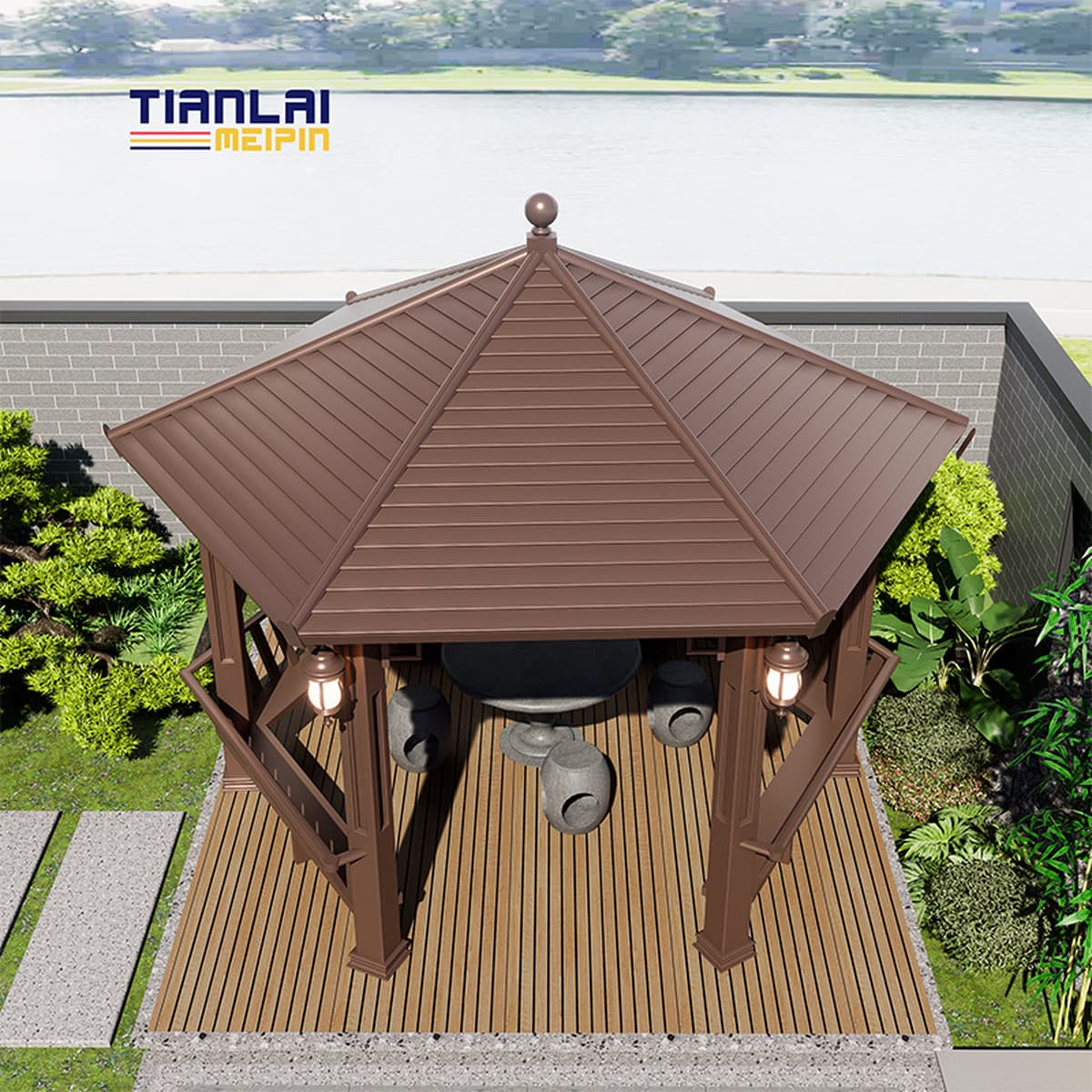 Древний построенный павильон из алюминиевого сплава, открытый двор, антикоррозийный антикварный шестиугольный павильон,...